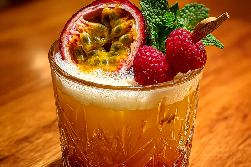 Ingredients for Raspberry Passion Tequila include fresh raspberries, tequila, lime juice, and more, beautifully arranged.