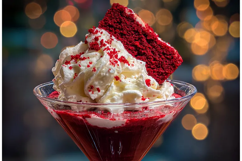 The process of shaking the ingredients for the Decadent Red Velvet Martini in a cocktail shaker.