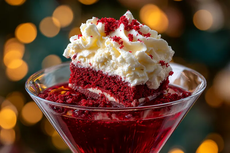 A variety of ingredients for crafting the Decadent Red Velvet Martini on a wooden table.