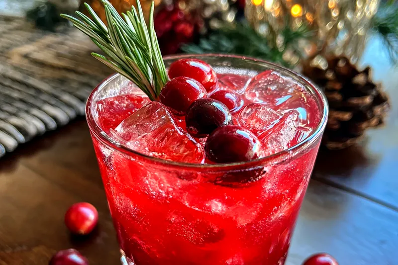A vibrant pitcher of Festive Cranberry Cocktail being poured into glasses with festive garnishes.