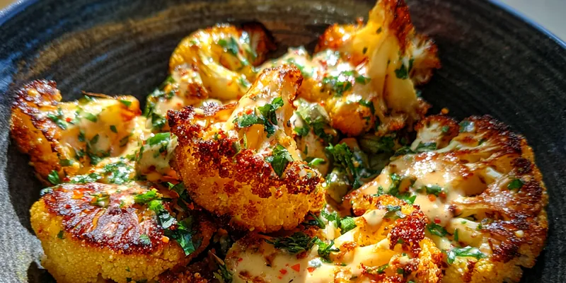 Delicious Roasted Cauliflower with Herb Sauce served on a plate