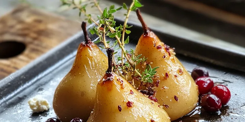 A plate of beautifully roasted pears topped with vibrant cranberry mixture and garnished with mint.