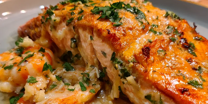 Delicious Salmon with Shrimp Stuffing served on a plate