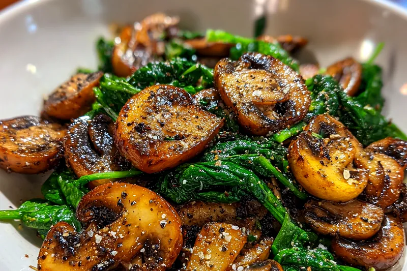 A skillet filled with sautéed spinach and mushrooms, showcasing their vibrant colors and textures.