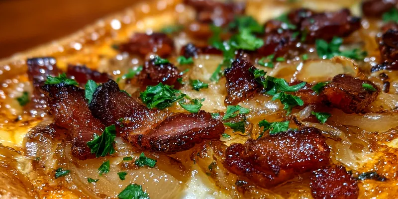 Delicious Savory Bacon Onion Tart served on a plate