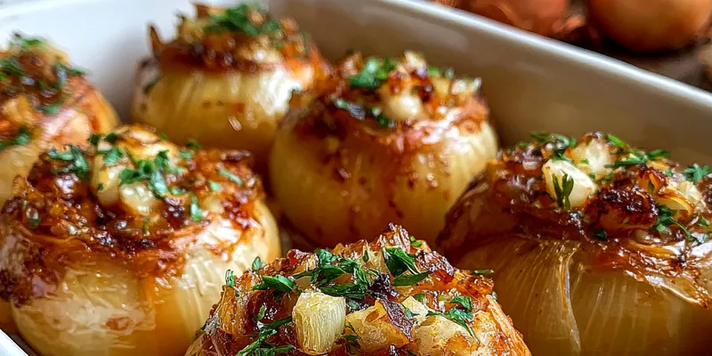 Delicious Savory Baked Stuffed Onions served on a plate