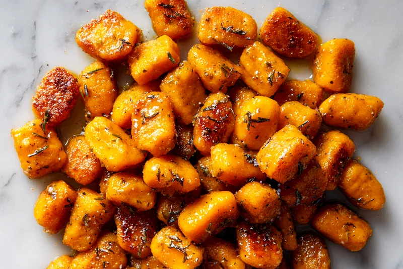 Cooking savory butternut squash gnocchi in a skillet.