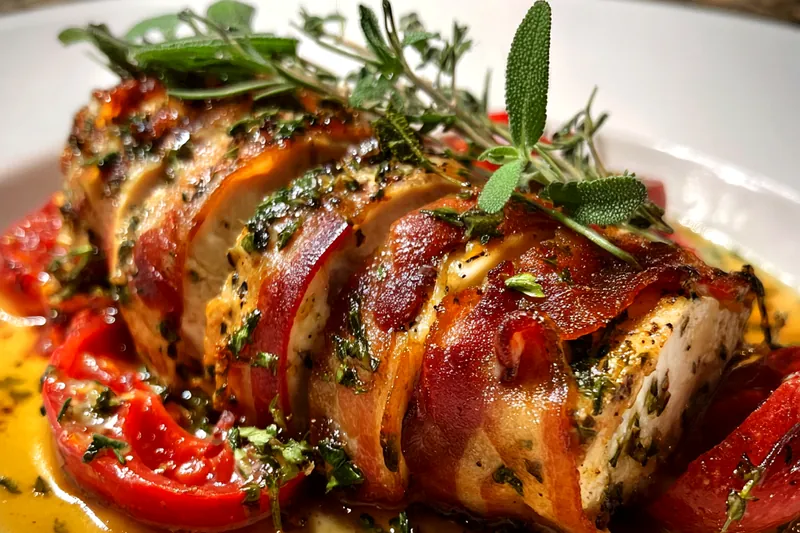 An organized display of ingredients for Savory Cider Chicken Delight, including chicken, cider, and spices.