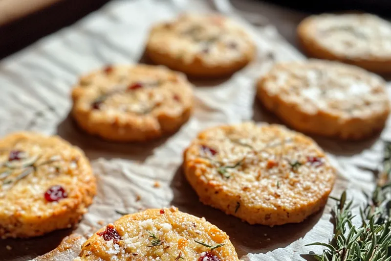 A close-up of Cranberry Parmesan Herb Cookies baking in the oven, with golden edges and a soft center.