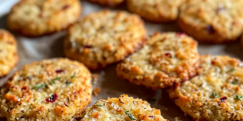 A plate of freshly baked Cranberry Parmesan Herb Cookies, garnished with herbs.