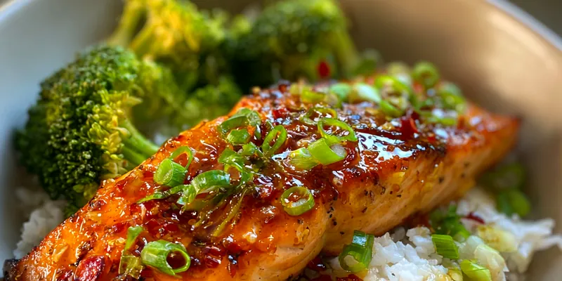 Plate of Savory Firecracker Salmon garnished with green onions and sesame seeds.