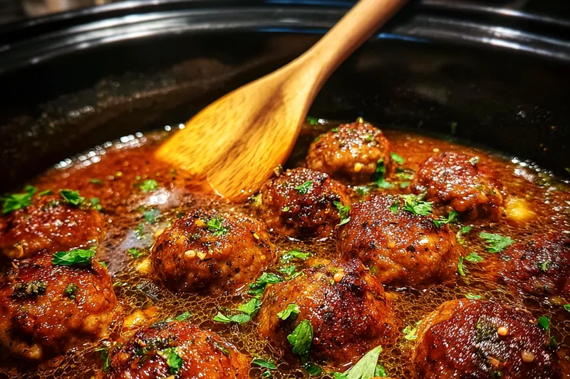 The cooking process of Savory French Onion Meatballs, showing meatballs being browned in a skillet.