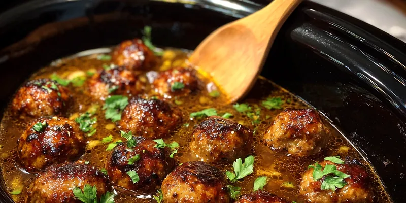 A plate of Savory French Onion Meatballs garnished with parsley, served with a side of crusty bread.