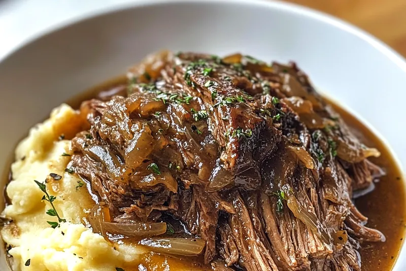 A step-by-step visual of the cooking process for Savory French Onion Pot Roast, showcasing ingredients in action.