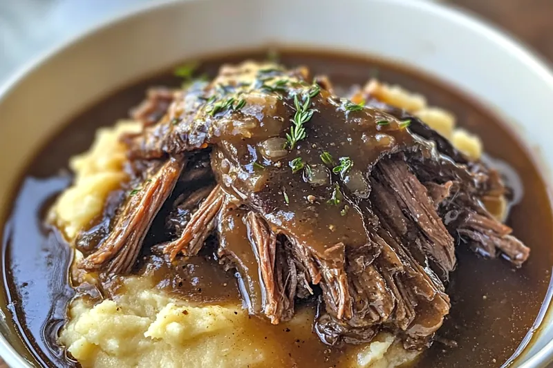 A well-arranged setup of fresh beef, onions, and seasonings for Savory French Onion Pot Roast.