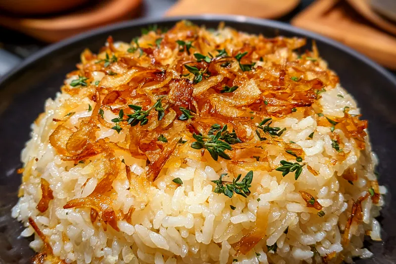 A step-by-step cooking process for Savory French Onion Rice Delight showing onions caramelizing in a pan.