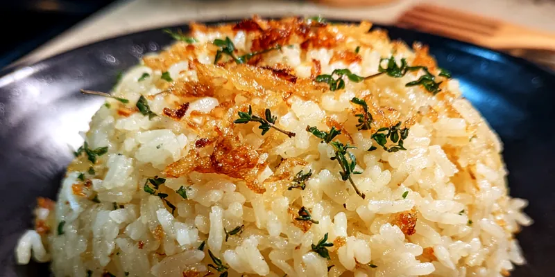 A delicious bowl of Savory French Onion Rice Delight topped with melted cheese and caramelized onions.