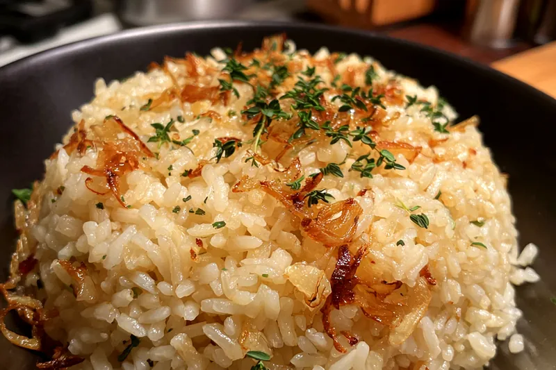 An array of fresh ingredients including onions, rice, and cheese for Savory French Onion Rice Delight.