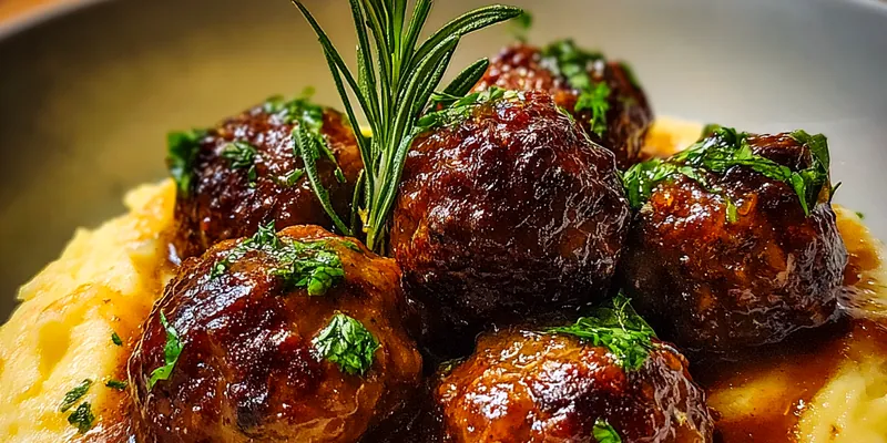 Delicious Savory Glazed Meatballs with Creamy Potatoes served on a plate