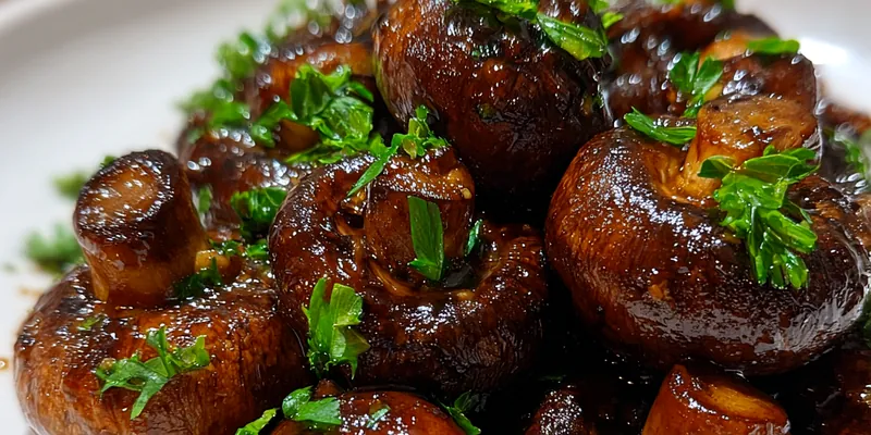 Delicious Savory Glazed Roasted Mushrooms served on a plate