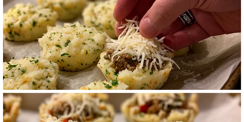 Delicious Savory Meat Stuffed Mashed Potato Nests served on a plate