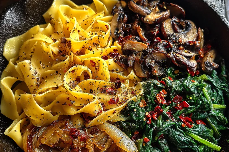 Cooking process for Savory Mushroom Spinach Pasta