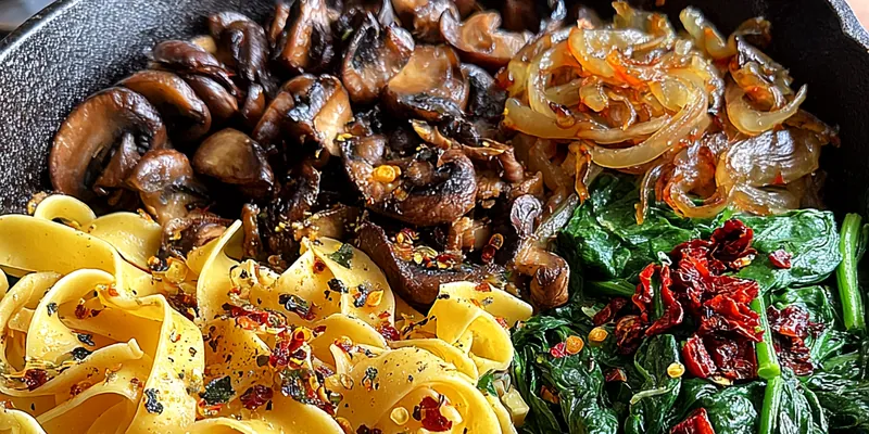 Delicious Savory Mushroom Spinach Pasta served on a plate