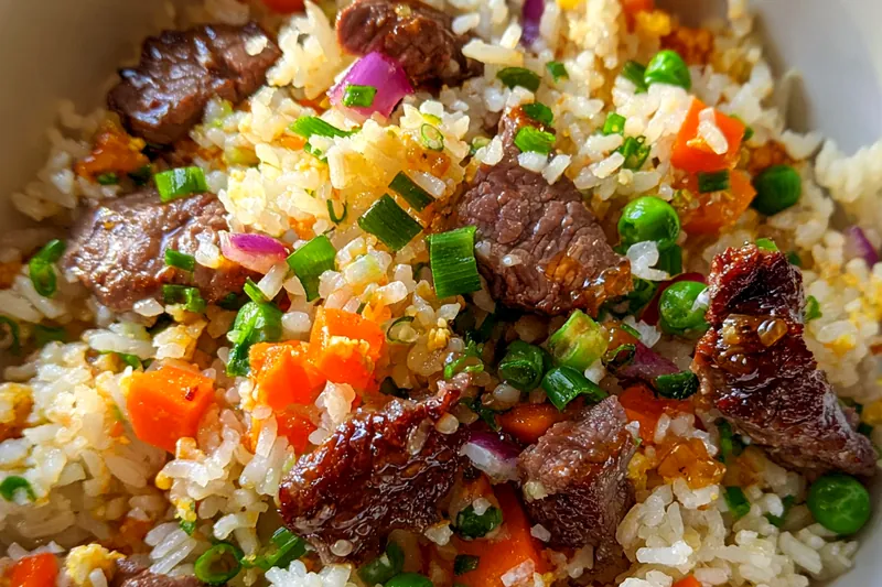 The cooking process of Savory Beef Fried Rice Delight, showing colorful ingredients sizzling in a hot skillet.