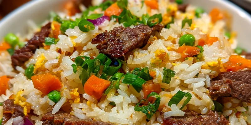 A beautifully plated bowl of Savory Beef Fried Rice Delight garnished with green onions and served with chopsticks.