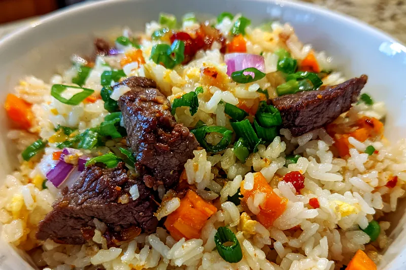 A colorful display of fresh ingredients for Savory Beef Fried Rice Delight, including beef, vegetables, and rice.