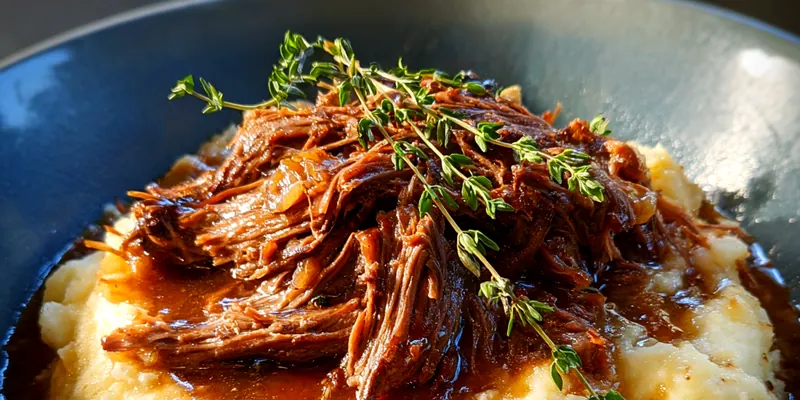 A beautifully arranged plate of Savory Onion Roast with caramelized onions and fresh parsley garnish.