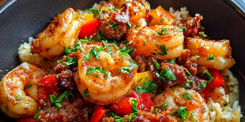 Delicious Savory Shrimp Sausage Rice served on a plate