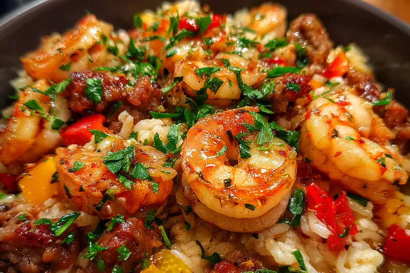 Fresh ingredients for Savory Shrimp Sausage Rice
