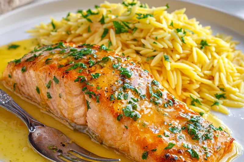 Fresh ingredients for Seared Salmon and Lemon Orzo