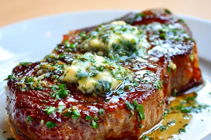 Cooking process showing steak on the grill with cowboy butter being added
