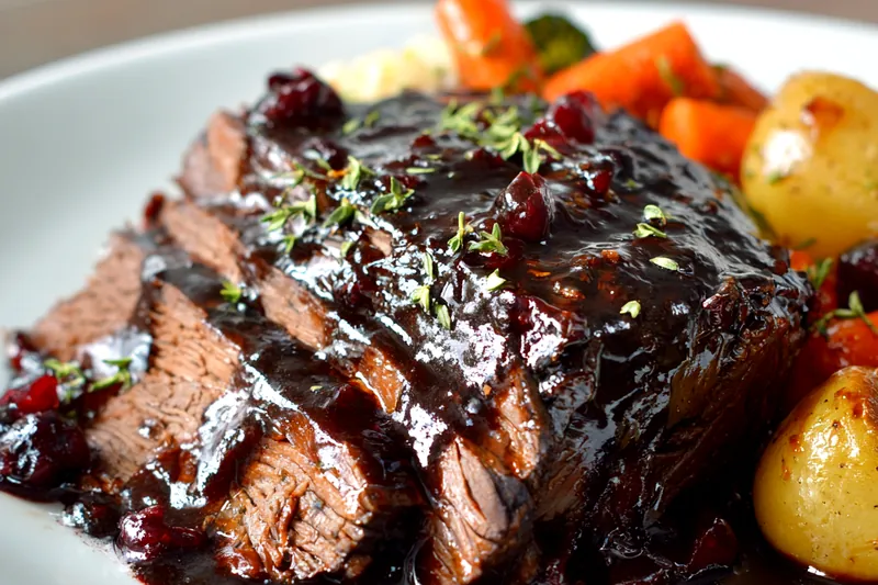 Fresh ingredients for slow-braised beef roast including herbs and spices.