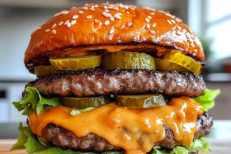 Cooking process of Ultimate Smash Burger Delight showing patties sizzling in a skillet.