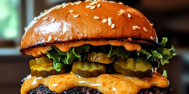 A beautifully plated Ultimate Smash Burger Delight with toppings and sauce, ready to be devoured.