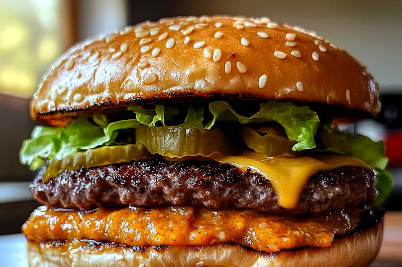 An assortment of fresh ingredients for Ultimate Smash Burger Delight including ground beef, vegetables, and sauces.