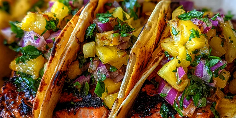 Delicious Smoky Pineapple Salmon Tacos served on a plate