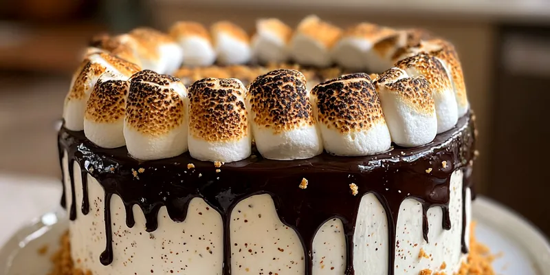 A beautifully decorated Decadent S'mores Cake, layered with chocolate and marshmallows, set on a rustic wooden table.