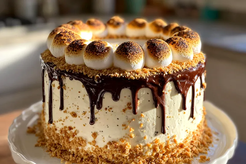 A colorful array of ingredients for Decadent S'mores Cake, including flour, chocolate, marshmallows, and graham crackers, beautifully arranged.