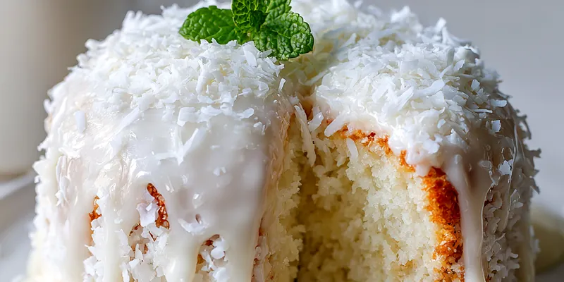 A beautifully decorated Snowball Cake topped with shredded coconut.