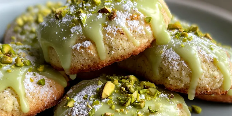 A plate of freshly baked Delicious Pistachio Cookies, golden brown with a sprinkle of pistachios on top.