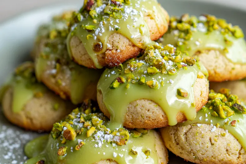 A colorful display of ingredients used for Delicious Pistachio Cookies, including flour, butter, and pistachios.