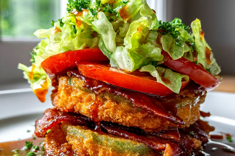 Ingredients for fried green tomato BLT sandwich on a wooden table