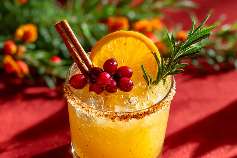A step-by-step visual of mixing the ingredients for Festive Spiced Margarita.