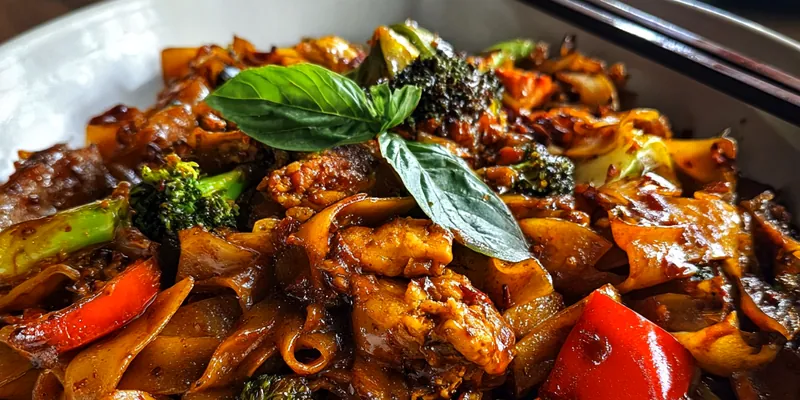 Delicious Spicy Basil Chicken Noodles served on a plate