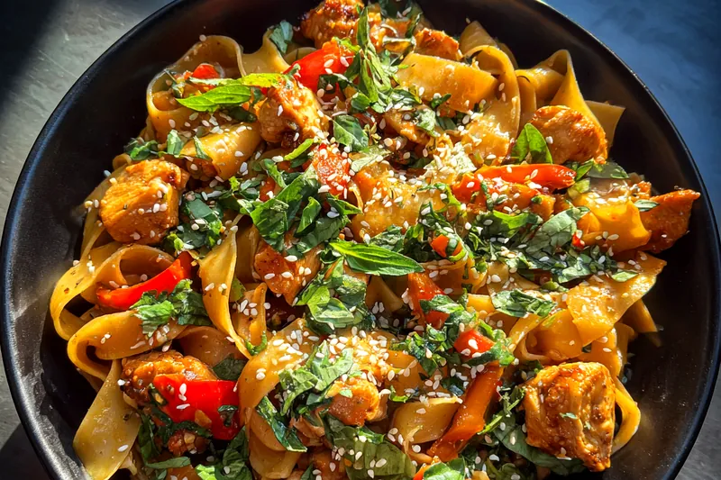 Fresh ingredients for Spicy Chicken Noodle Stir-Fry