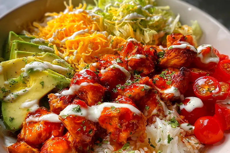 Fresh ingredients for Spicy Chicken Rice Bowl